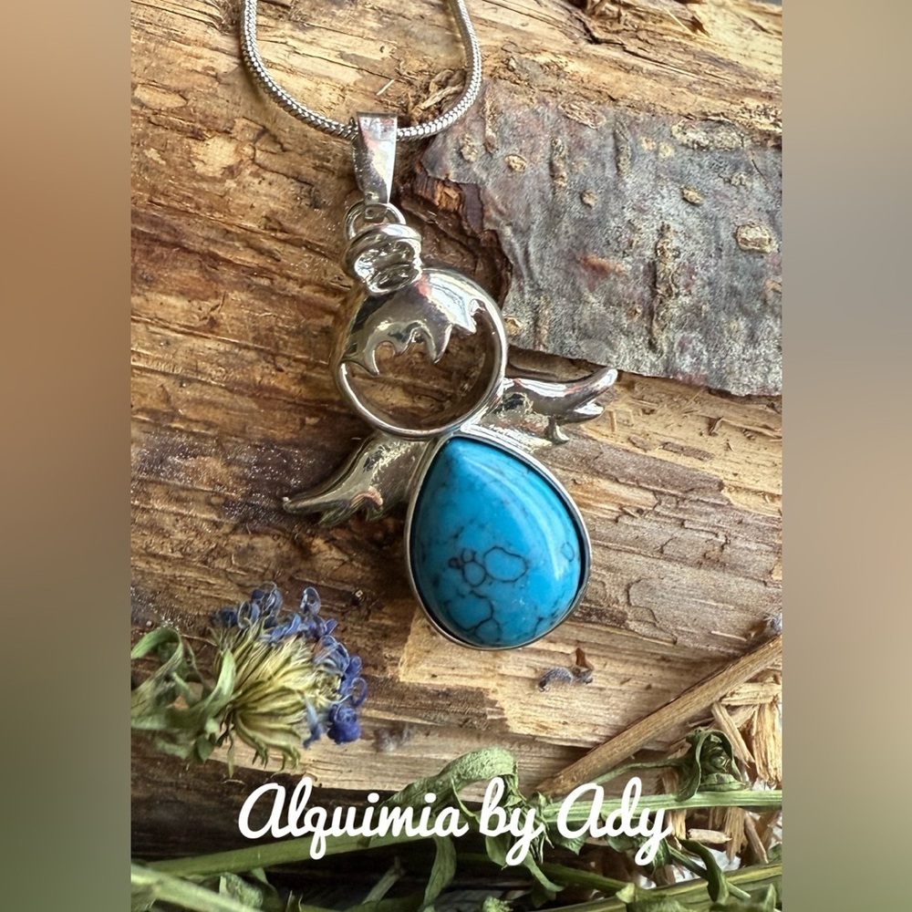 Silver and Blue ANGEL Necklace with Turquoise Charm